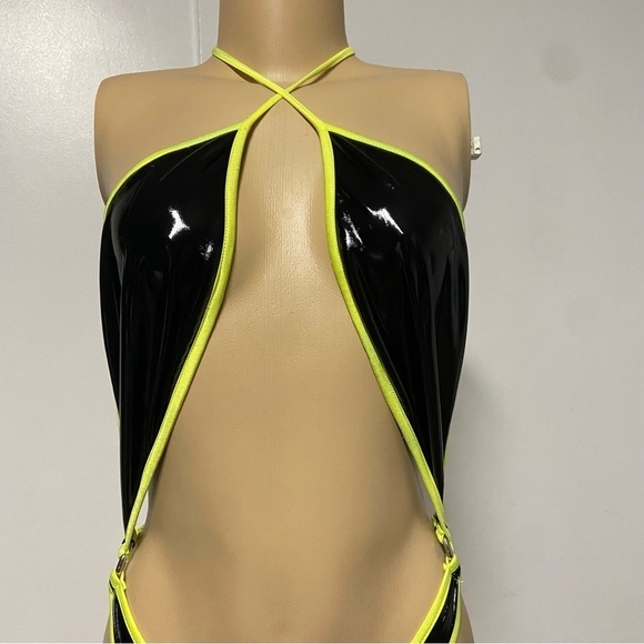 Unbranded black neon green one piece Faux leather bikini Size Small - Picture 2 of 6